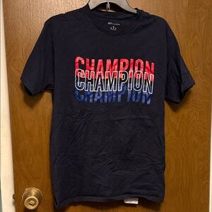 Champion Men's Dark Blue Tee with Red and Blue Logo Size M